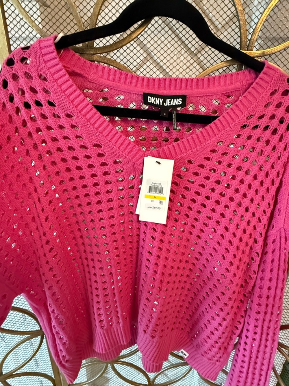 Dkny Bright Pink Open-Weave V-Neck Sweater